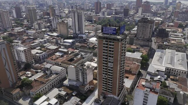 Drone flies toward city center in Asuncion, Paraguay
