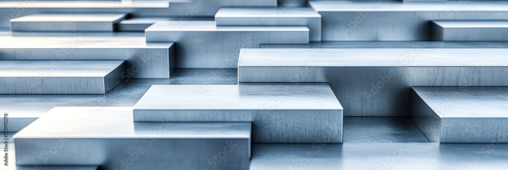 Poster abstract metallic blocks arranged in a layered pattern, showcasing industrial design.