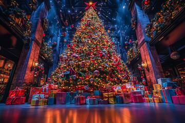 Obraz premium A large Christmas tree with dazzling lights, surrounded by wrapped gifts, evoking a joyful and festive holiday atmosphere