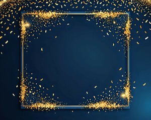 Magic night dark blue frame with sparkling glitter bokeh and light art. Square vector wedding card. Gold confetti and navy background. Golden scattered Fairytale magic star template