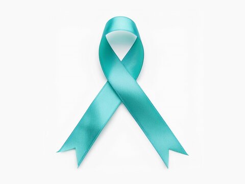 Turquoise ribbon isolated on white, symbolizes awareness of ovarian cancer, tsunami victims, anti-bullying, congenital diaphragmatic hernia, Tourette Syndrome, and neuralgia, nerve disease