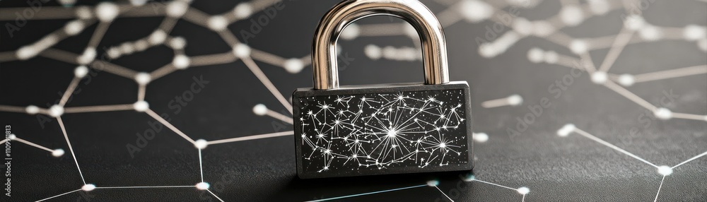Poster a padlock on a digital network background symbolizes security and data protection.