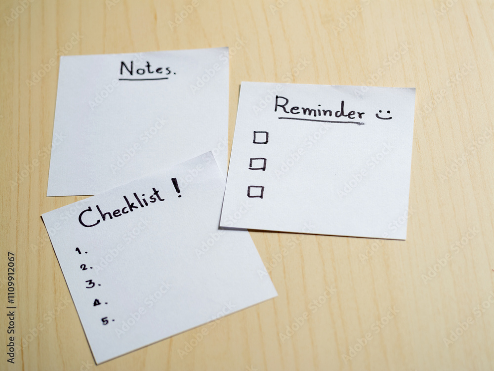 Poster organizing your life checklist notes and reminders on a wooden table home office conceptual view
