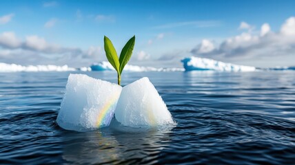 A serene Arctic scene with sunlight streaming through a fractured iceberg, creating prismatic rainbows on the ice