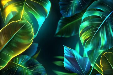 Neon green and blue lights glowing on tropical leaves, blending nature with a futuristic, glowing ambiance