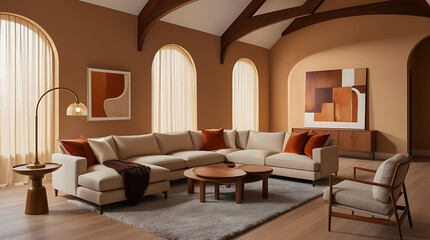 Fototapeta premium Minimalist and boho style interior design with modern living room and white sofa. Minimalist, japandi style interior design of modern living room. Stylish furniture in classical room