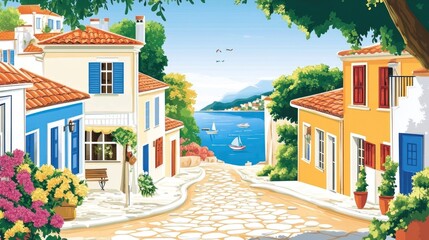 Fototapeta premium A picturesque coastal scene with colorful houses, a cobblestone street, and sailboats in the bay.