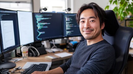 Young Asian Man Smiling at Desk with Multiple Computer Monitors