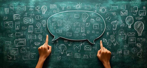 Chalkboard with speech bubble and hands pointing at communication icons.