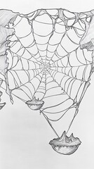 A detailed sketch of a spider web with stylized elements.