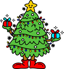 hand drawn christmas tree and gifts cartoon doodle illustration