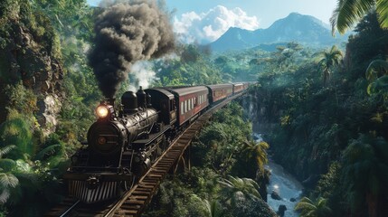 Vintage Steam Train Crossing Lush Jungles and Gorges with Morning Adventure Vibe - Generative AI