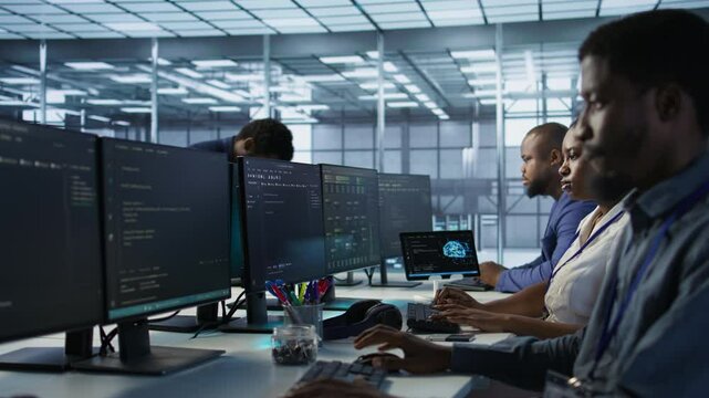 Woman putting headphones on in server room, developing disaster recovery plans ensuring minimal downtime. Engineer listening music in data center, using data analytics to monitor performance, camera A