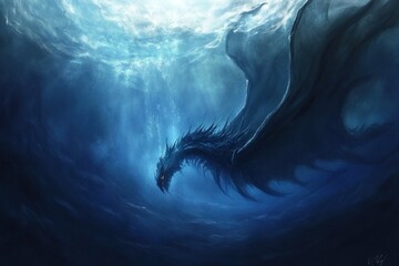 Fototapeta premium A dark, serpentine dragon glides through deep blue water, creating a mystical underwater scene.