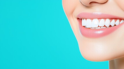 Obraz premium A close-up of a smiling woman's mouth showcasing bright, white teeth against a vibrant teal background.