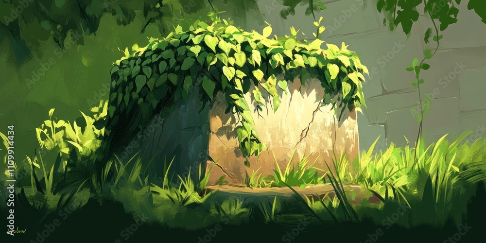 Poster a serene scene of a stone block overgrown with lush green ivy and grass in a tranquil setting.