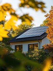 Environmental photography, solar panels on the roof of a house in the forest