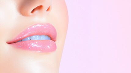 Obraz premium A close-up of glossy pink lips against a soft pink background, exuding a fresh and youthful aesthetic.