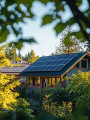 Environmental photography, solar panels on the roof of a house in the forest