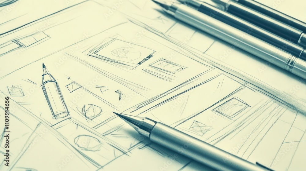 Poster a close-up of a sketching workspace with pens and design drafts.