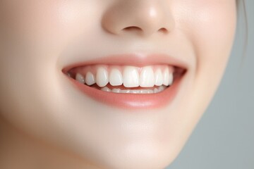 Fototapeta premium A close-up of a woman's smile, showcasing bright, white teeth and healthy gums against a soft, neutral background.