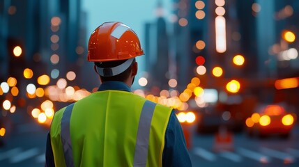Urban Construction Worker at Night City Lights Bokeh