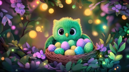 Cute green owl with easter eggs in a basket amid colorful flowers and lights. Happy Easter
