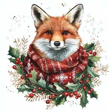 A charming fox wearing a festive plaid scarf amid holiday greenery.