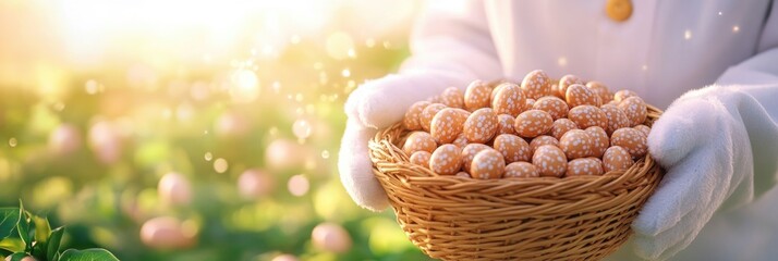 Sunny springtime harvest of polka dot easter eggs in woven basket. Happy Easter