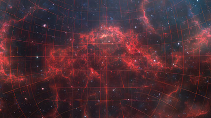 red nebula with cosmic grid overlay for celestial exploration