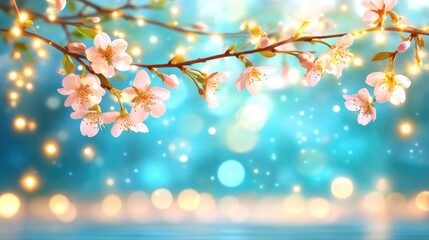 Fototapeta premium Serene cherry blossom branches against a sparkling blue bokeh background
