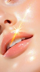 Fototapeta premium A close-up of a woman's lips and cheek, showcasing glossy skin with sparkling highlights for a radiant, fresh look.