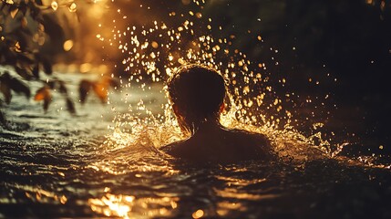 Obraz premium Boy swimming in a river at sunset, water splashing around him.