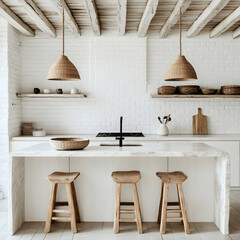 
A modern, biophilic design kitchen with delightful blend of rustic charm: white cabinetry, central island, wooden stools, woven light fixtures, marble countertop, sink and faucet, white brick wall v
