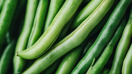 Close-up of fresh green beans with shiny surface.