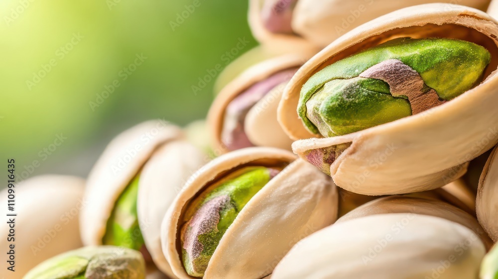 Poster pistachio nuts in shells captured in a macro shot.