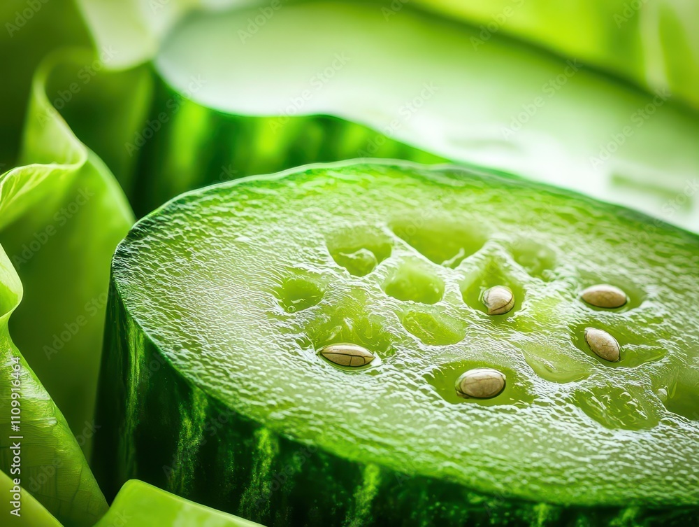 Poster macro shot of a cucumber slice showcasing its seed pattern