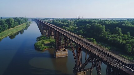 Obraz premium Aerial view of a long rusty railroad bridge spanning a calm river, surrounded by lush green vegetation and distant industrial structures under a clear sky.