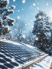 Solar panels on the roof of a house on the forest, winter photo