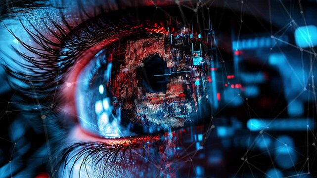 Close-up of a futuristic digital eye. Digital eye, data network and cyber security technology. Futuristic tech of virtual cyberspace. Digital eye. Internet secure surveillance. Generate AI.