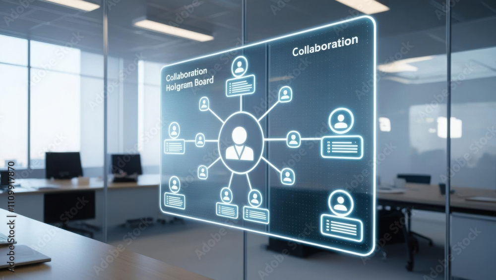 Poster collaboration hologram board showcasing glowing task icons in ultra modern workspace, enhancing seam