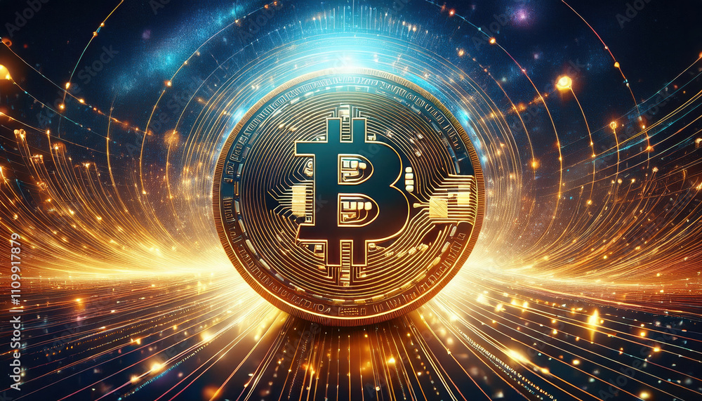 Poster 3d rendered golden coin with intricate blockchain designs, surrounded by swirling aura of light and 
