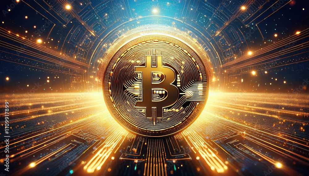 Poster 3d rendered golden coin with intricate blockchain designs, glowing in digital environment, symbolize