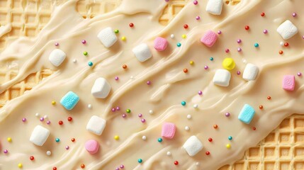 A fun and lively design featuring a smooth white chocolate icing, decorated with colorful mini marshmallows and colorful sprinkles. 