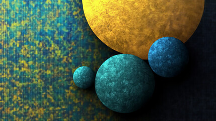 vibrant teal and gold abstract art with textured circles and geometric design elements