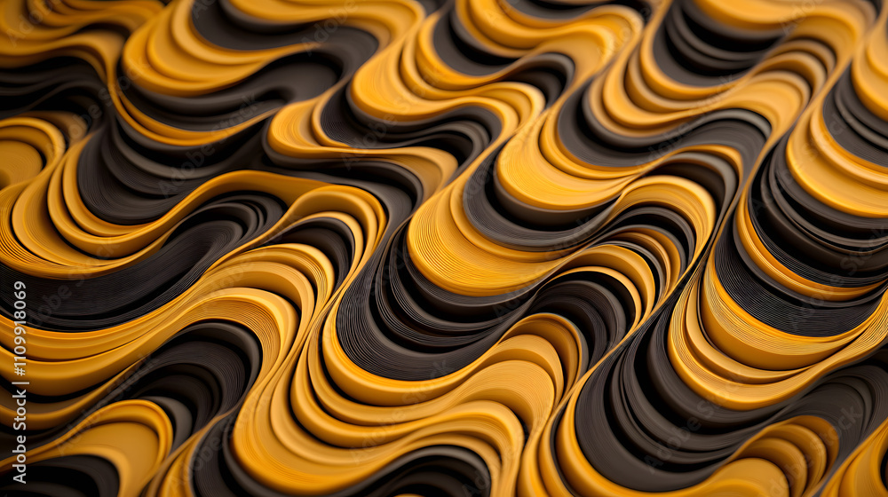 Poster dynamic wave patterns in black and gold abstract art digital design modern aesthetics close-up view 
