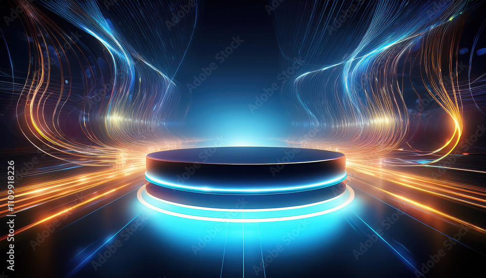 Aufkleber conceptual art piece featuring empty circular product stand illuminated by vibrant lights, creating 