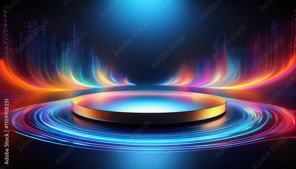 Poster vibrant conceptual art piece featuring empty circular product stand illuminated by colorful light wa