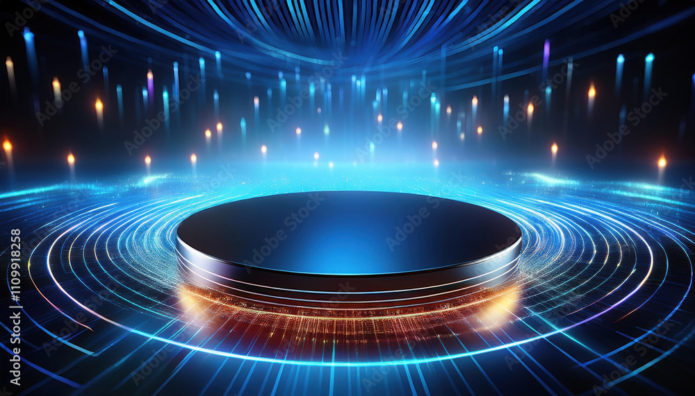 Poster conceptual art piece featuring empty circular product stand illuminated by vibrant lights, creating 
