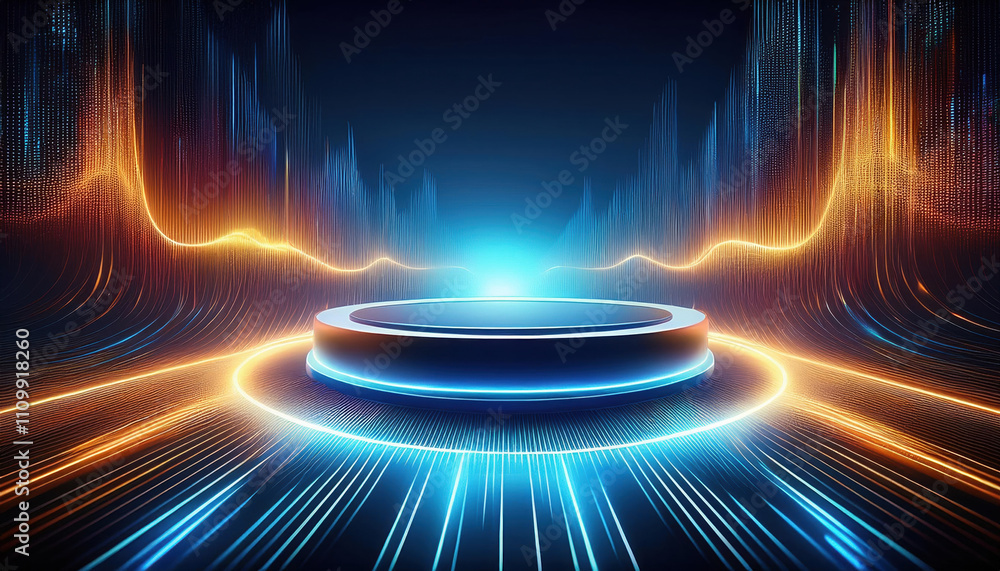 Poster vibrant conceptual art piece featuring empty circular product stand illuminated by dynamic light wav